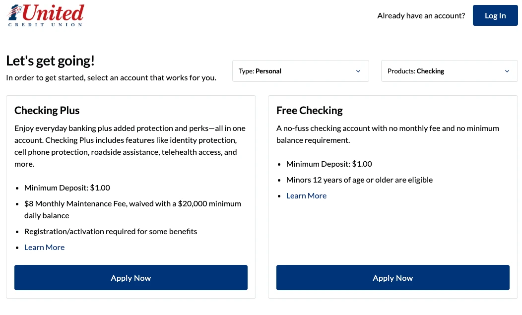 The start of 1st United’s online application, “Let’s get going!”, set to personal checking, with two accounts side by side, Checking Plus and Free Checking, each with the button “Apply Now”.