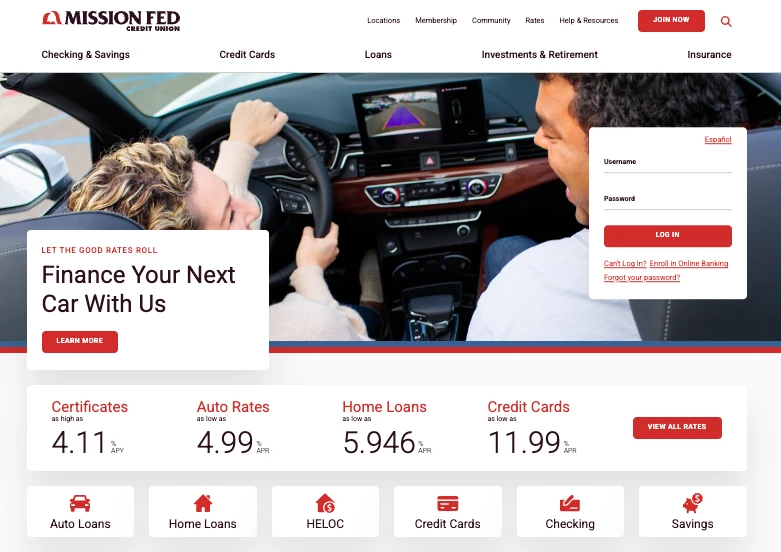 A page of Mission Fed’s website with the banner “Finance Your Next Car With Us”, a sign-in box, a row of four rates and six product tiles.