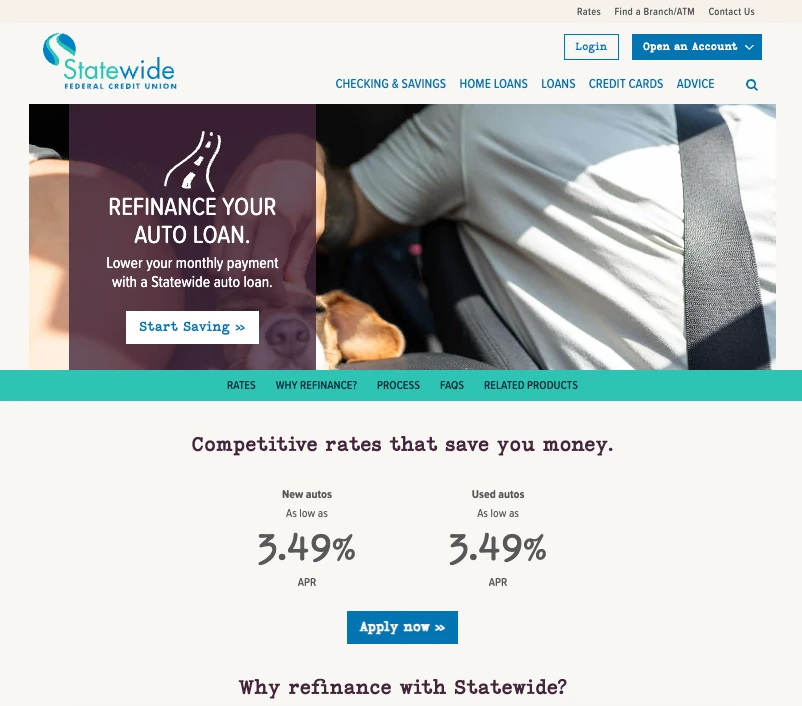 Statewide’s auto refinance page, with the banner “Refinance your auto loan.”, the button “Start Saving” and two rates.