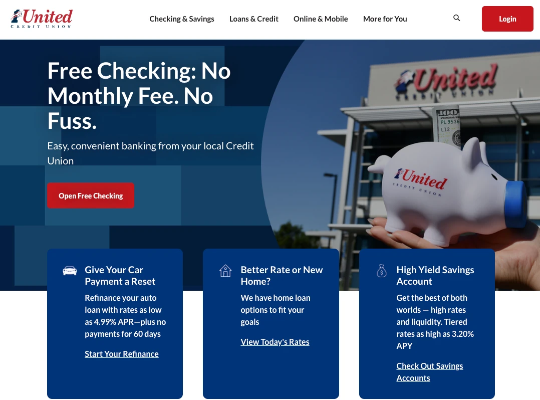 1st United’s home page with the banner “Free Checking: No Monthly Fee. No Fuss.”, the button “Open Free Checking” and the same three promotions under it.