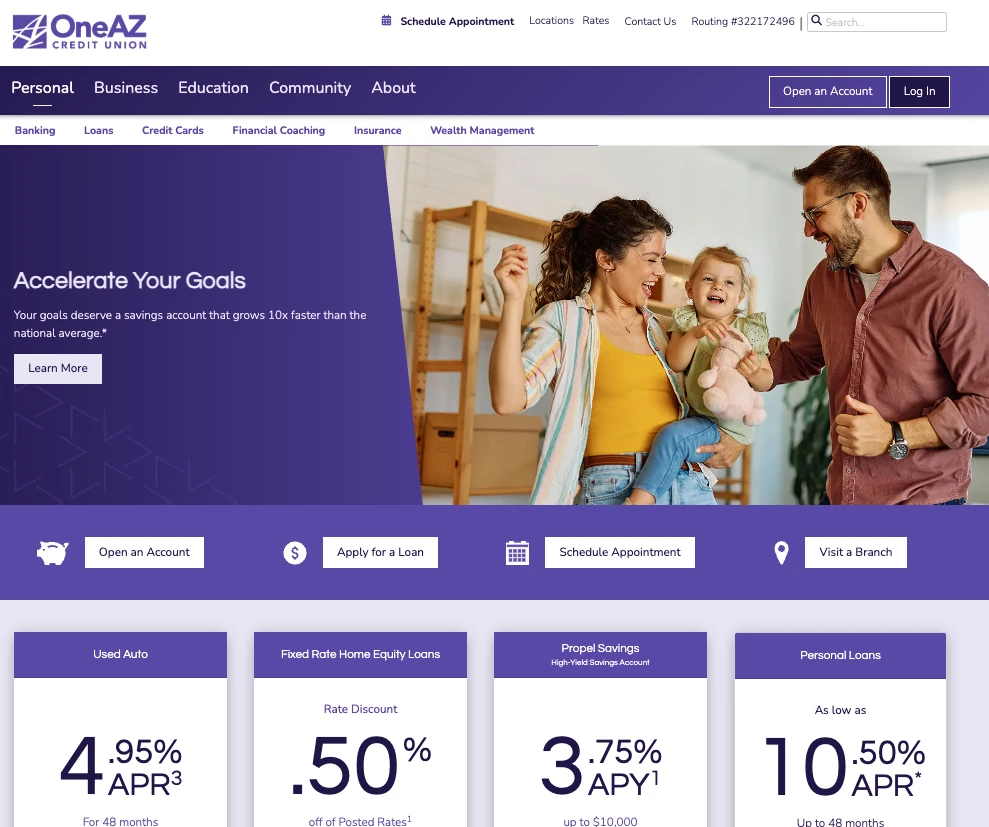 OneAZ’s home page on the next visit, with the banner “Accelerate Your Goals”, about a savings account, and the button “Learn More”.