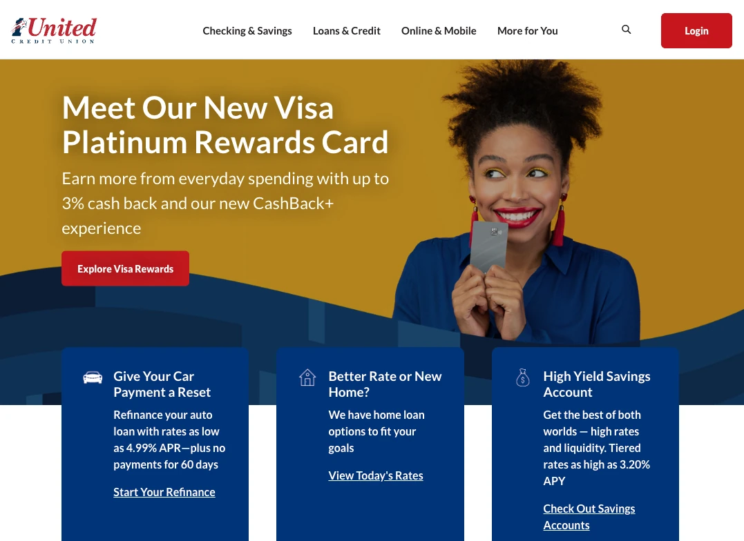 The top of 1st United’s home page before personalization: the banner “Meet Our New Visa Platinum Rewards Card” with the button “Explore Visa Rewards”, and under it three promotions, for an auto refinance, a home loan and a savings account.