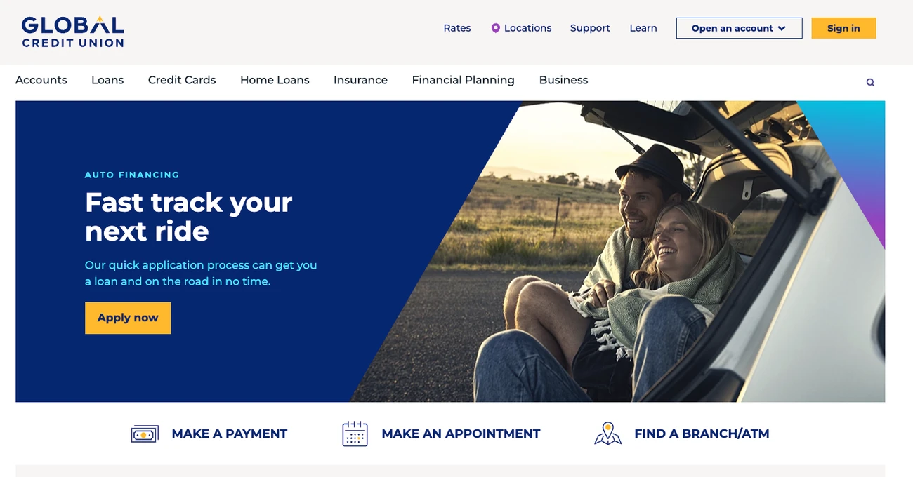Global’s home page on the next visit, with the banner “Fast track your next ride”, about auto financing, and the button “Apply now”.