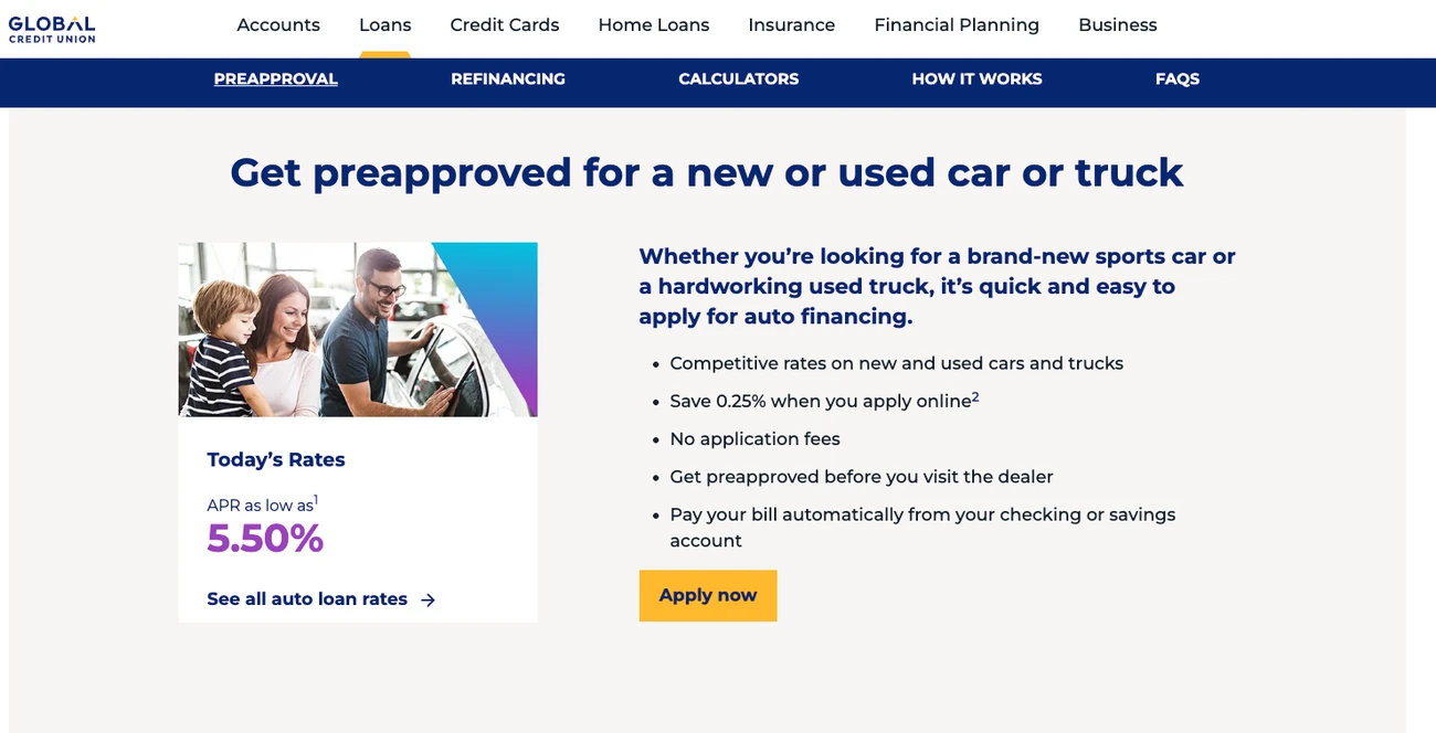 Global’s page for auto loan preapproval, “Get preapproved for a new or used car or truck”, with a rate, five points and the button “Apply now”.