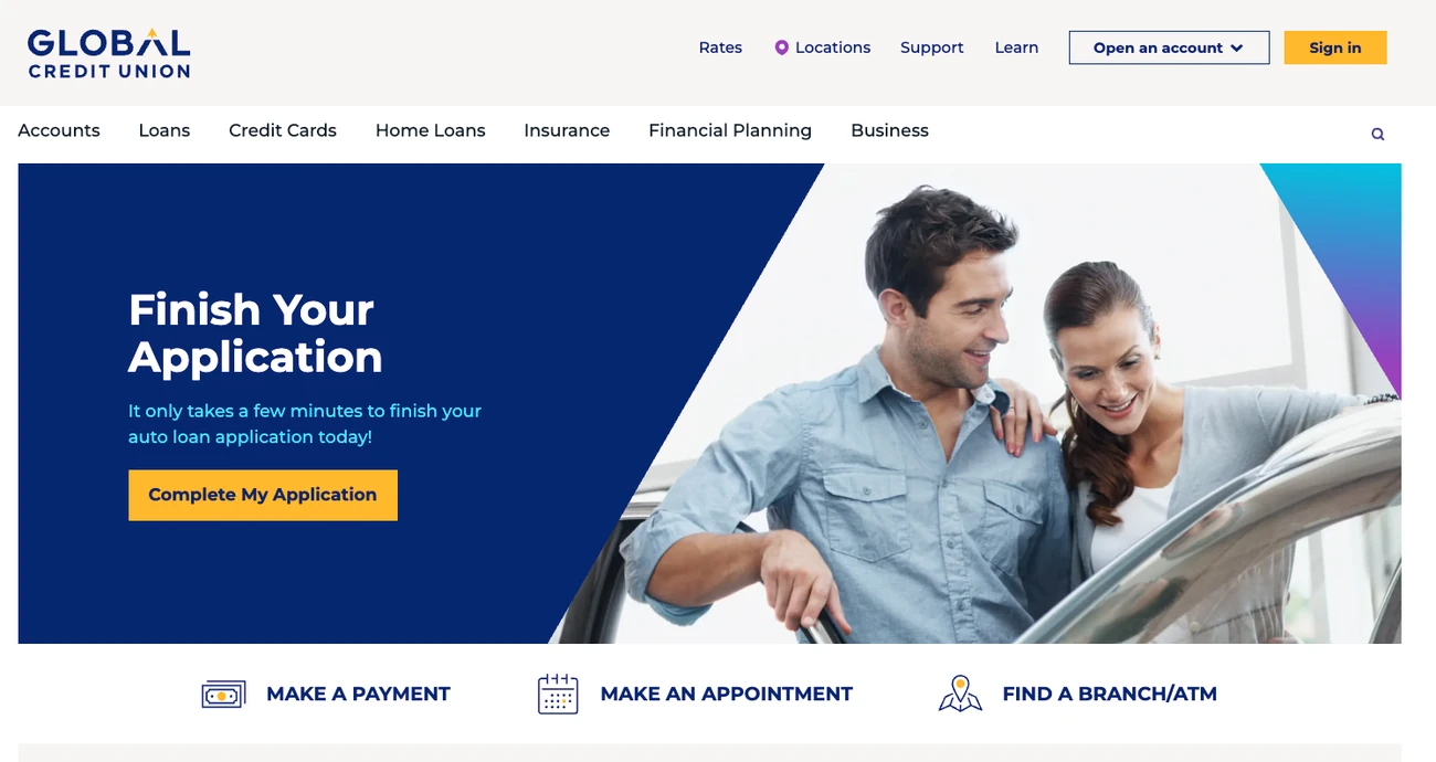 Global’s home page after an unfinished application, with the banner “Finish Your Application” and the button “Complete My Application”.