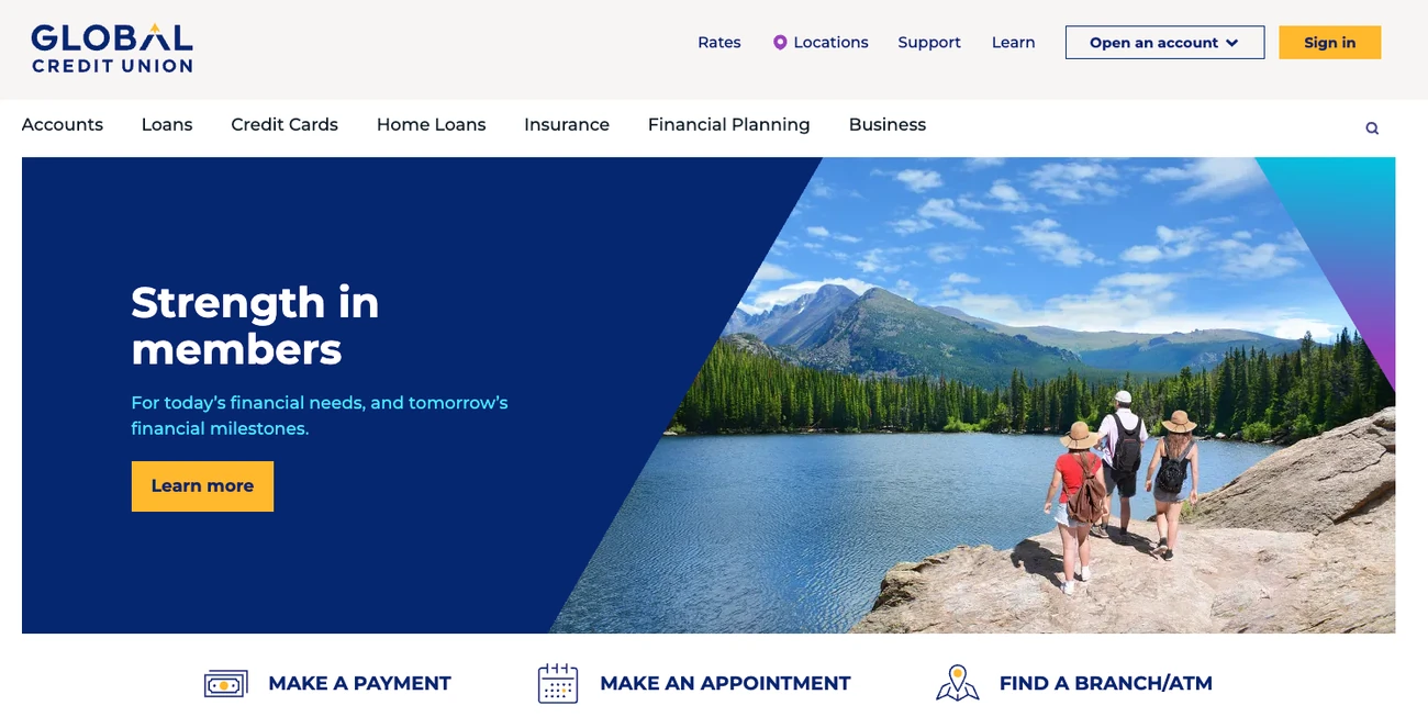 The top of the same home page as the Northwest and Alaska see it: the banner “Strength in members” with the button “Learn more” and a photo of three hikers at a mountain lake.
