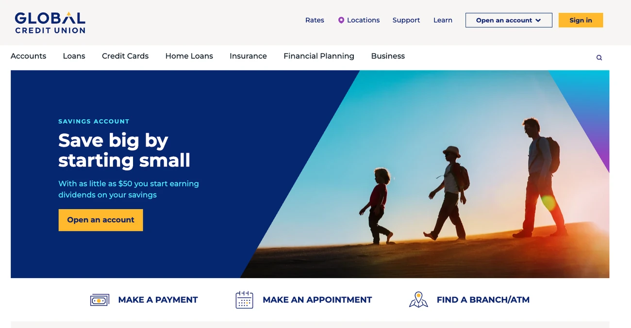 The top of Global’s home page as the Southwest sees it: the banner “Save big by starting small”, about a savings account, with the button “Open an account” and a photo of three hikers on a dune.