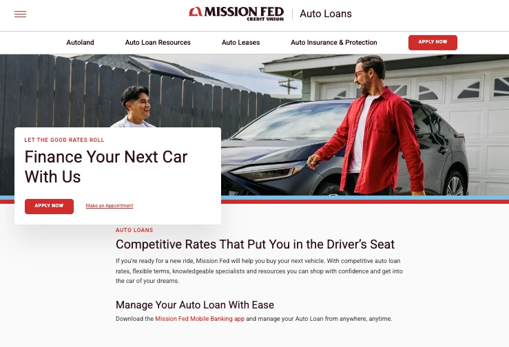 Mission Fed’s auto loans page, with the banner “Finance Your Next Car With Us” and the heading “Competitive Rates That Put You in the Driver’s Seat”.