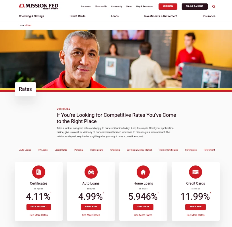 The top of Mission Fed’s Rates page: a banner photo, the heading “If You’re Looking for Competitive Rates You’ve Come to the Right Place”, links to the rate tables and four rate cards.