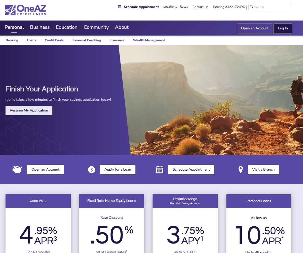 OneAZ’s home page after an unfinished application, with the banner “Finish Your Application” and the button “Resume My Application”.