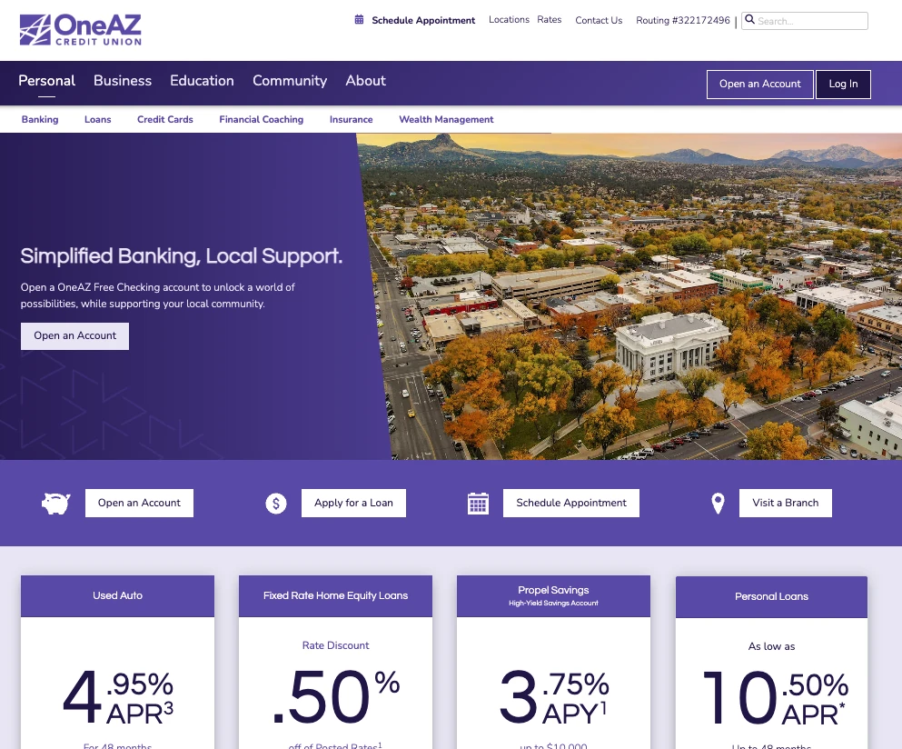OneAZ’s home page with the banner “Simplified Banking, Local Support.”, the button “Open an Account” and a photo from the air of a town with a courthouse square, over four actions and four rate cards.