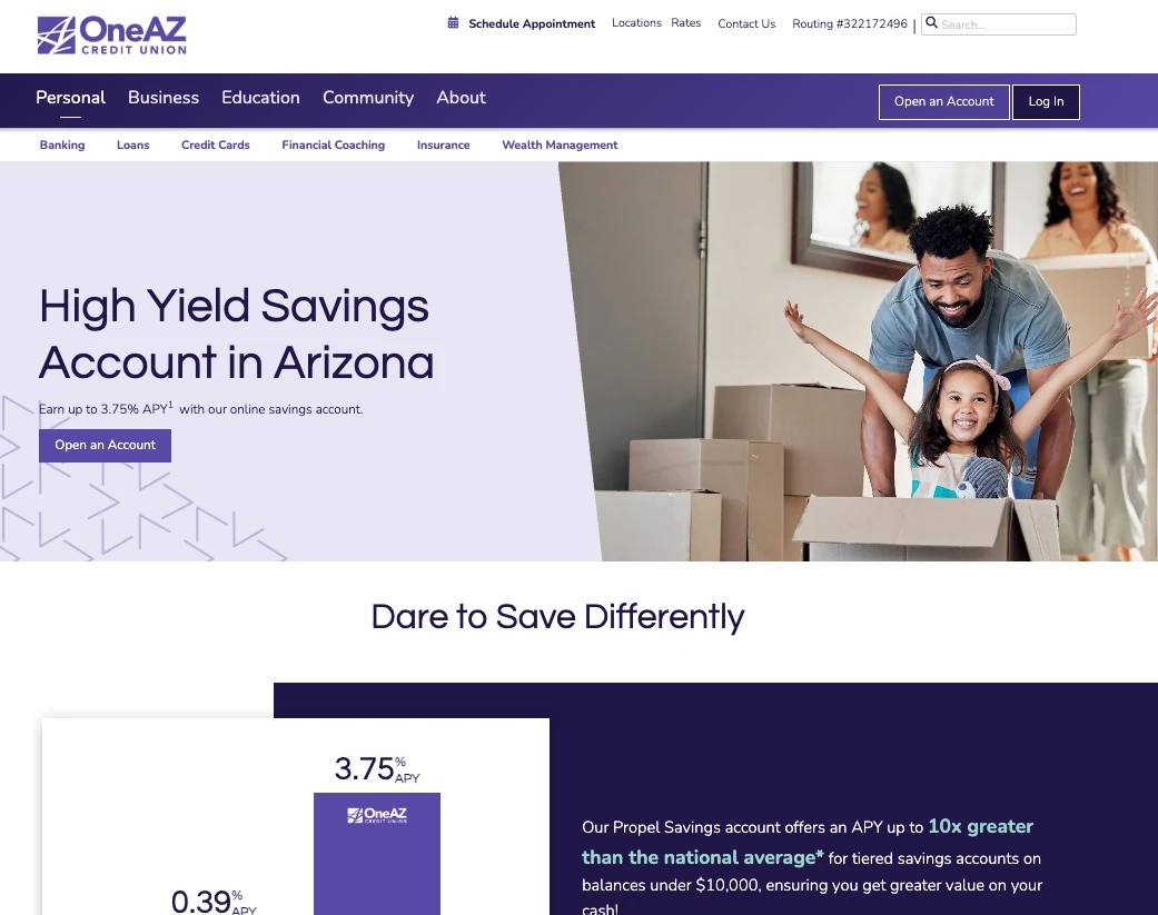The top of OneAZ’s High Yield Savings page: the banner “High Yield Savings Account in Arizona” with a rate, the button “Open an Account” and a family photo, then the heading “Dare to Save Differently” over a comparison of two rates.