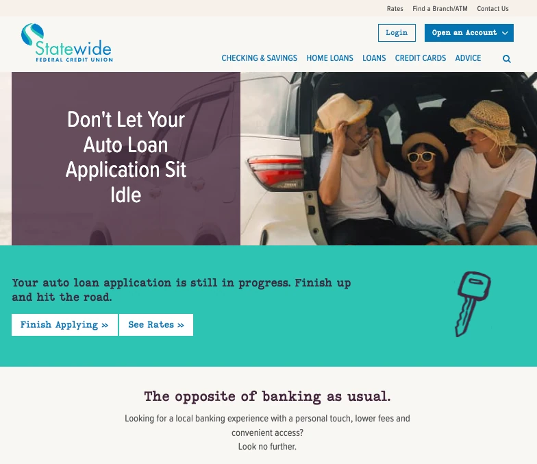 Statewide’s home page after an unfinished application, with the banner “Don’t Let Your Auto Loan Application Sit Idle” and the button “Finish Applying”.