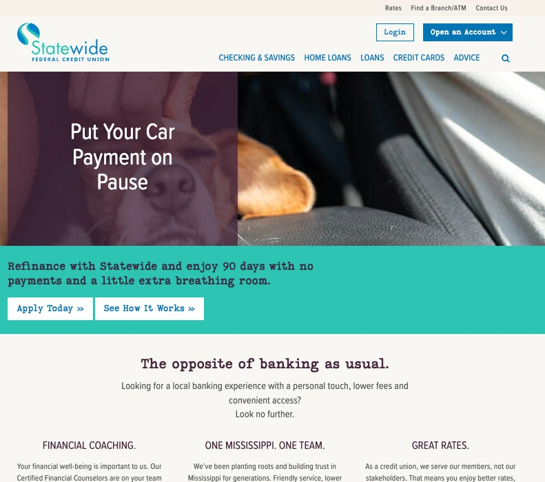 Statewide’s home page on the next visit, with the banner “Put Your Car Payment on Pause” and an offer to refinance with 90 days without payments.